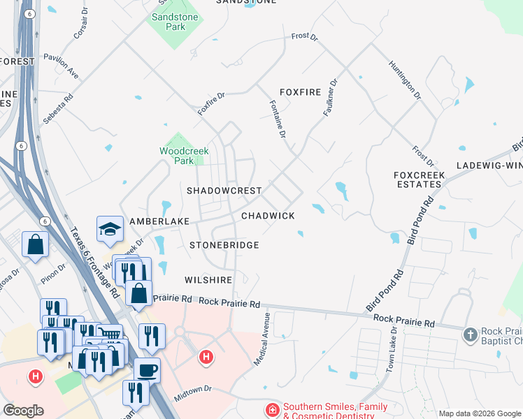 map of restaurants, bars, coffee shops, grocery stores, and more near 9300 Chadwick Lane in College Station