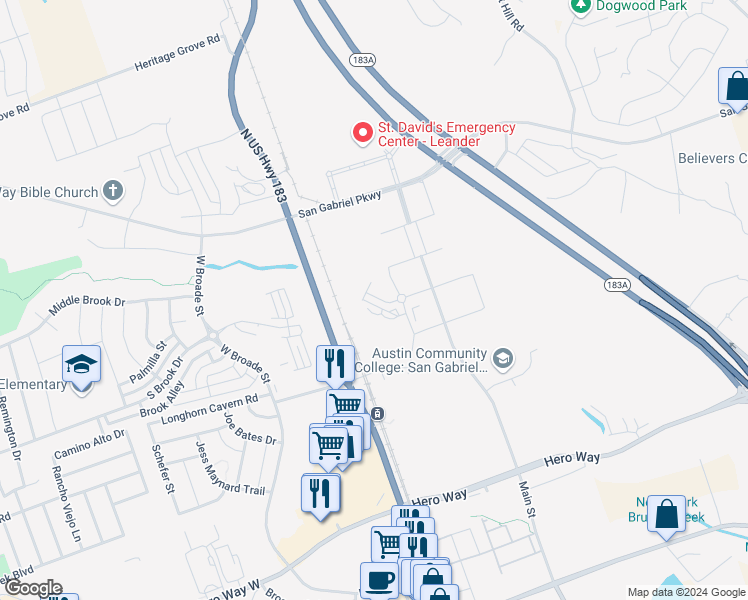 map of restaurants, bars, coffee shops, grocery stores, and more near 4615-4829 U.S. 183 in Leander