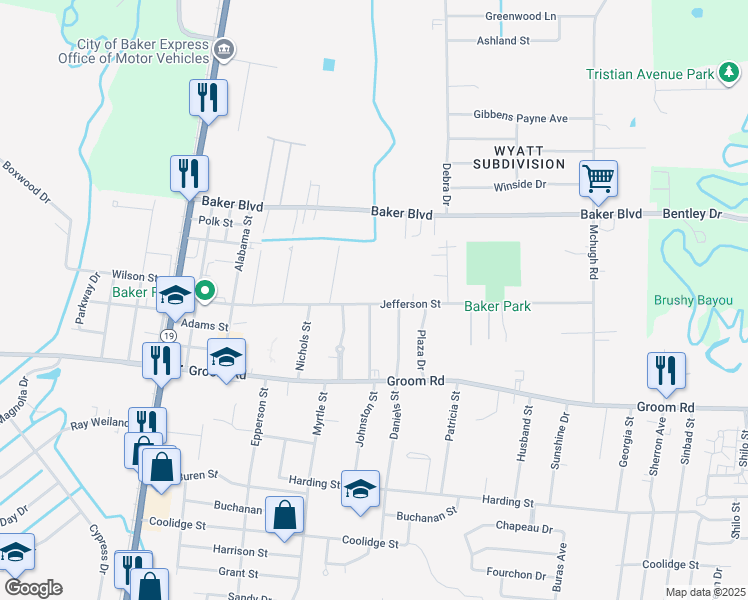 map of restaurants, bars, coffee shops, grocery stores, and more near 3885 Jefferson Street in Baker