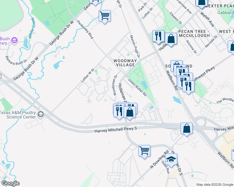 map of restaurants, bars, coffee shops, grocery stores, and more near 1908 Holleman Drive West in College Station