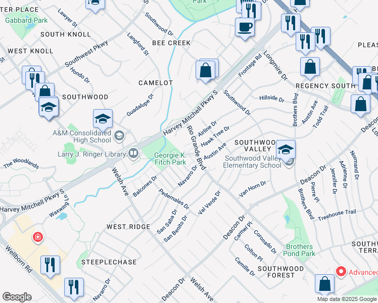 map of restaurants, bars, coffee shops, grocery stores, and more near 937 Balcones Drive in College Station