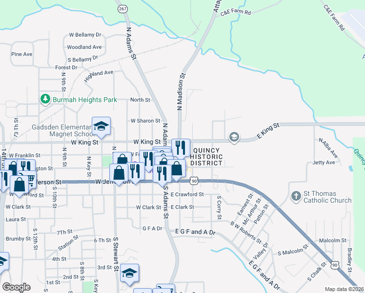 map of restaurants, bars, coffee shops, grocery stores, and more near King Street in Quincy