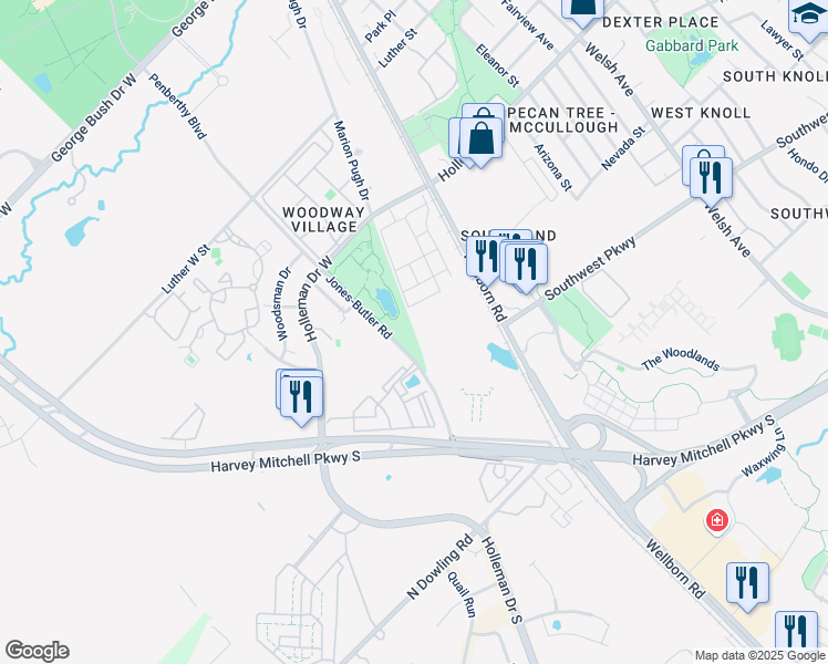 map of restaurants, bars, coffee shops, grocery stores, and more near 106 Jones-Butler Road in College Station