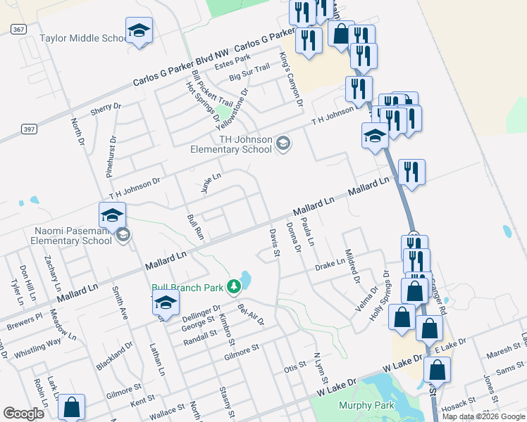 map of restaurants, bars, coffee shops, grocery stores, and more near 2900 Davis Street in Taylor