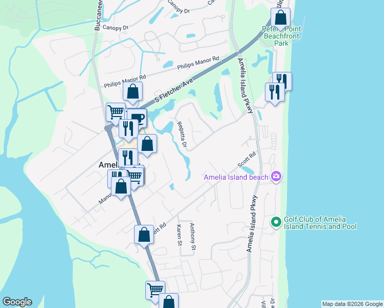 map of restaurants, bars, coffee shops, grocery stores, and more near 1638 Regatta Drive in Fernandina Beach