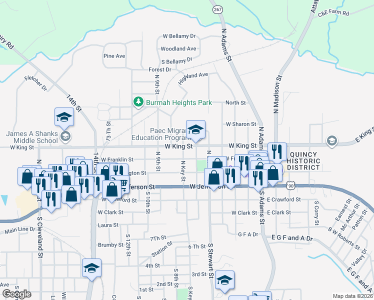 map of restaurants, bars, coffee shops, grocery stores, and more near 521 West King Street in Quincy