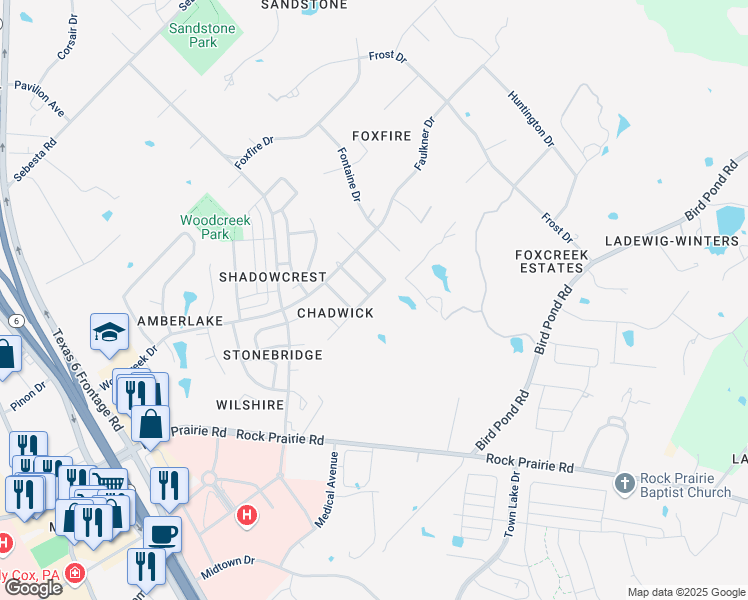 map of restaurants, bars, coffee shops, grocery stores, and more near 9319 Whitney Lane in College Station