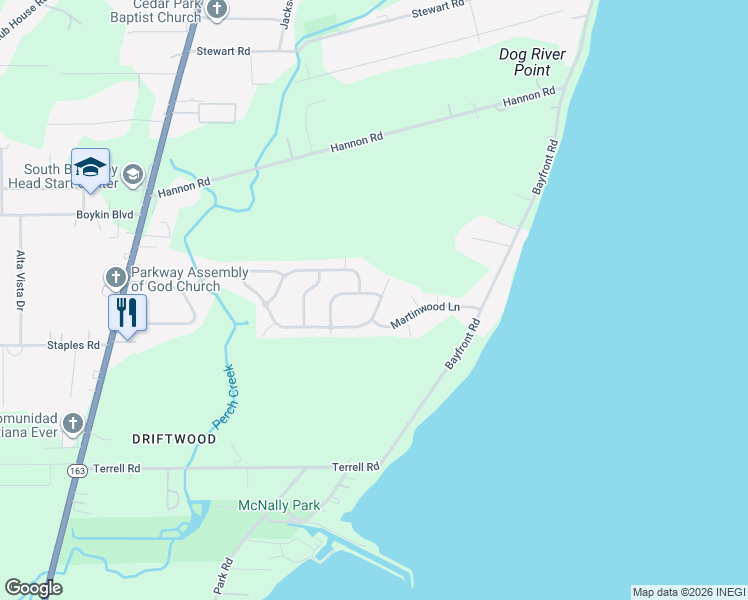 map of restaurants, bars, coffee shops, grocery stores, and more near 3920 Creekway Dr in Mobile