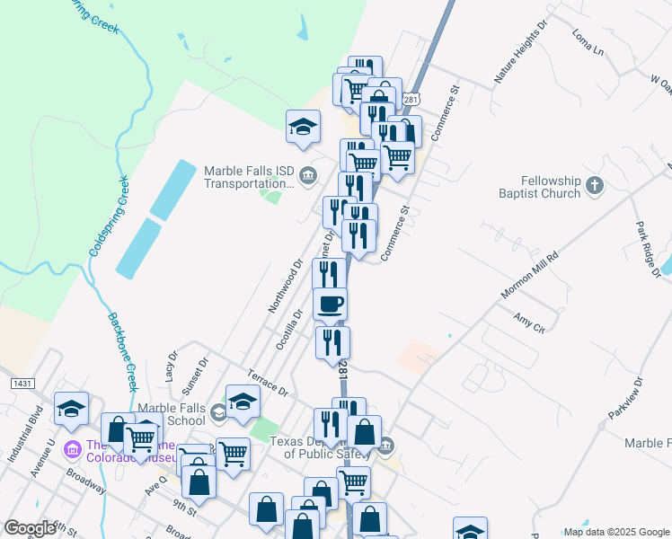 map of restaurants, bars, coffee shops, grocery stores, and more near 1920 U.S. 281 in Marble Falls