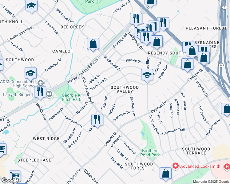 map of restaurants, bars, coffee shops, grocery stores, and more near 1203 Todd Trail in College Station