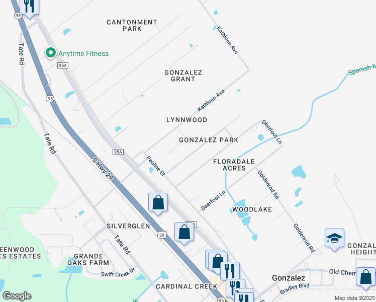map of restaurants, bars, coffee shops, grocery stores, and more near 954 Gonzalez Park Drive in Gonzalez