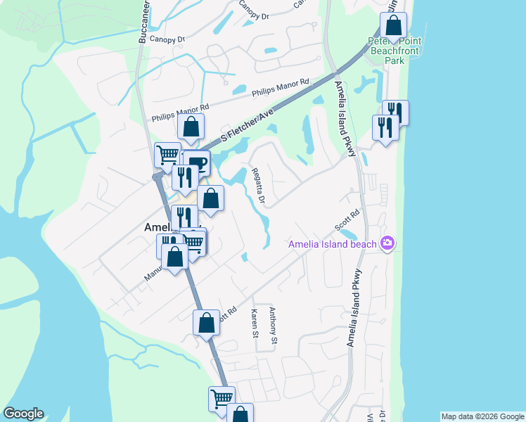 map of restaurants, bars, coffee shops, grocery stores, and more near 1638 Regatta Drive in Fernandina Beach