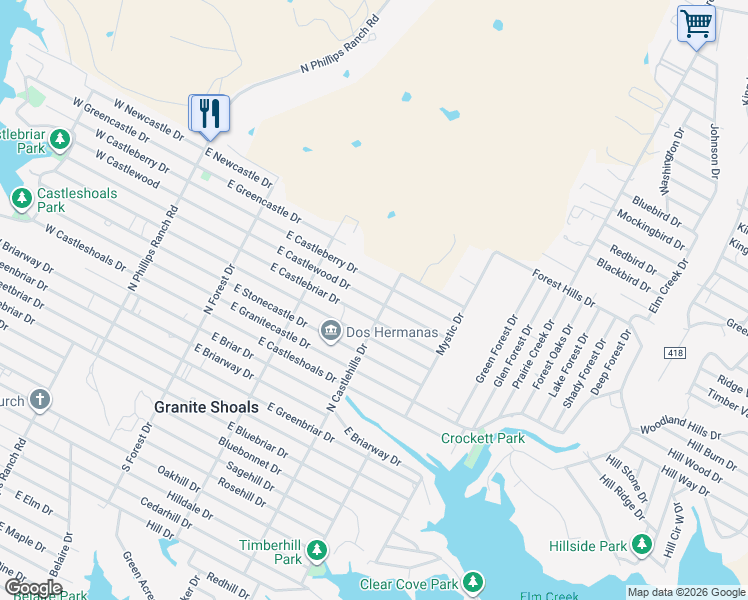 map of restaurants, bars, coffee shops, grocery stores, and more near 333 East Castlewood Drive in Marble Falls