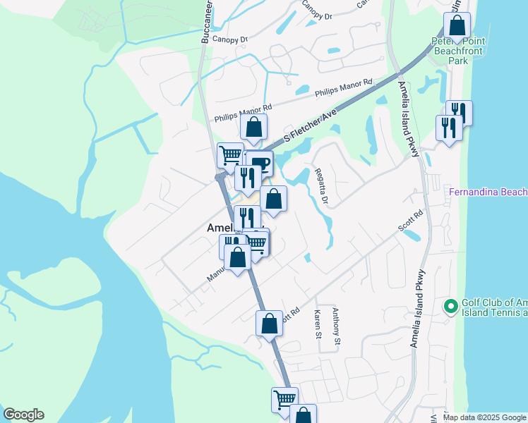 map of restaurants, bars, coffee shops, grocery stores, and more near 4751 Westwind Court in Fernandina Beach