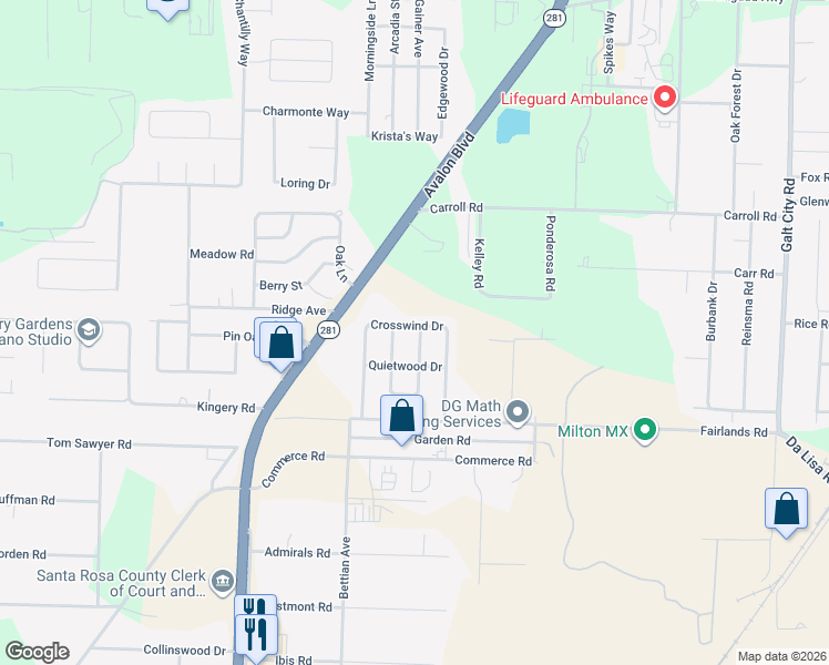 map of restaurants, bars, coffee shops, grocery stores, and more near 4280 Crosswind Drive in Milton
