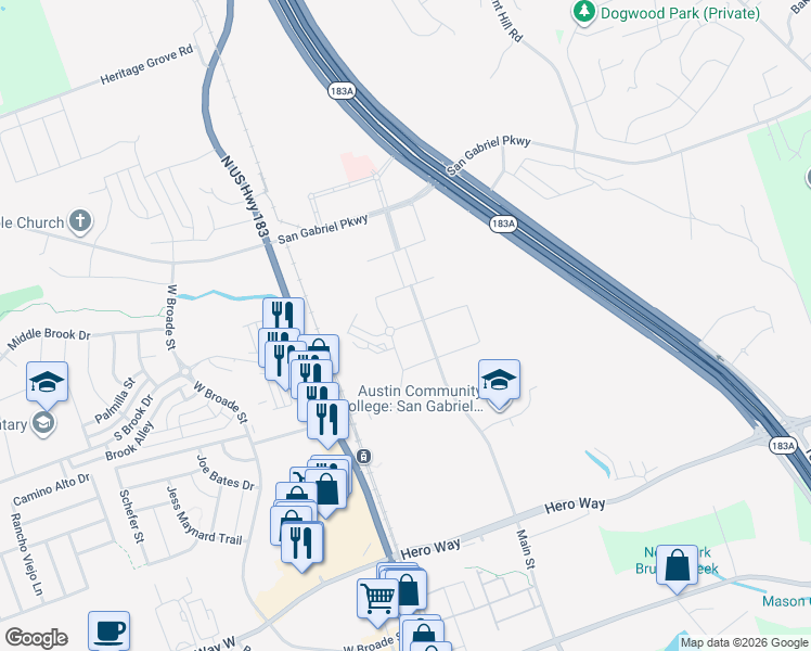 map of restaurants, bars, coffee shops, grocery stores, and more near 4499-4829 U.S. 183 in Leander