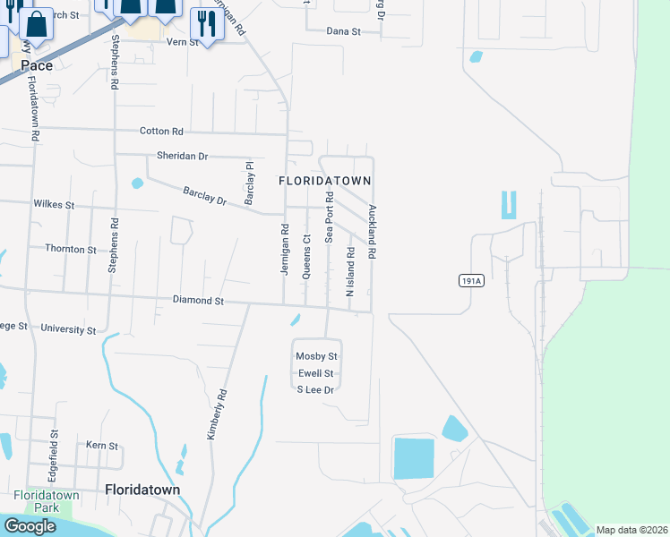 map of restaurants, bars, coffee shops, grocery stores, and more near 4240 Sea Port Road in Pace
