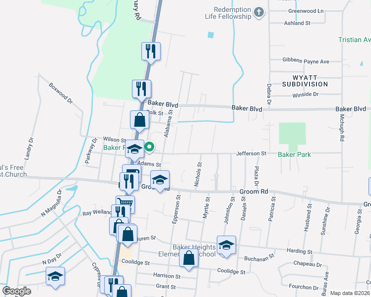 map of restaurants, bars, coffee shops, grocery stores, and more near 1560 Robinson Street in Baker