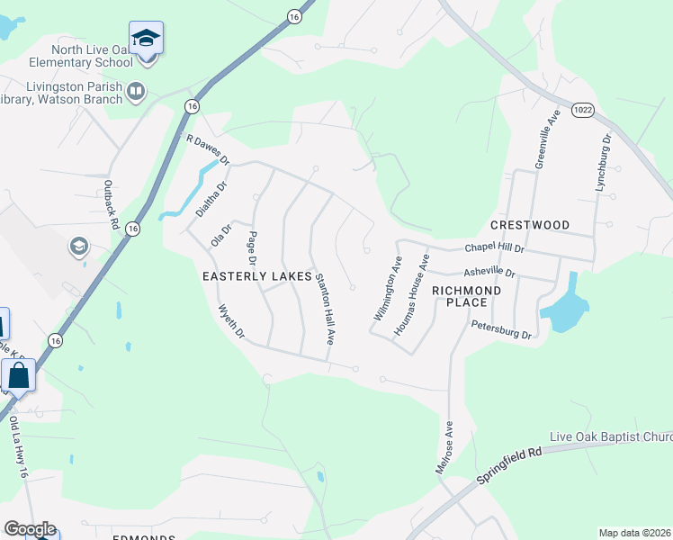 map of restaurants, bars, coffee shops, grocery stores, and more near 36457 Rosalie Avenue in Denham Springs