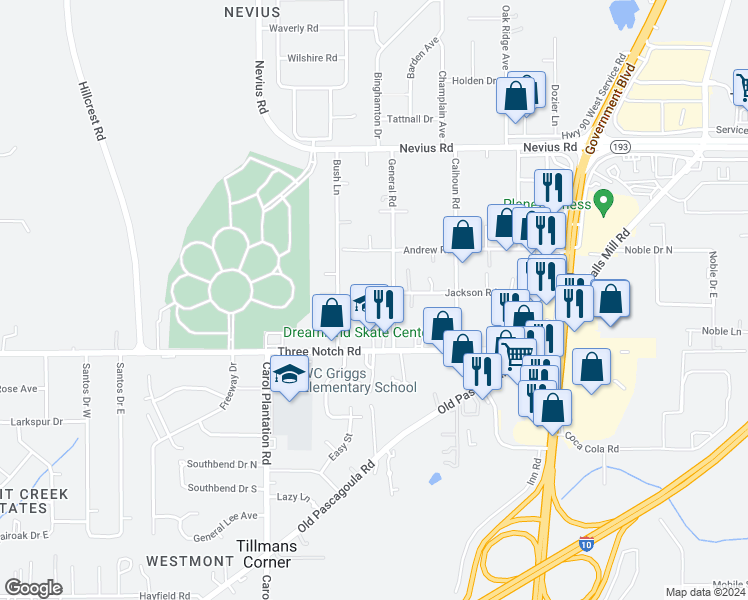 map of restaurants, bars, coffee shops, grocery stores, and more near 5851 Jackson Road in Mobile