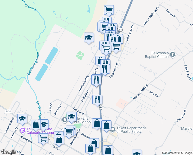 map of restaurants, bars, coffee shops, grocery stores, and more near 1920 U.S. 281 in Marble Falls