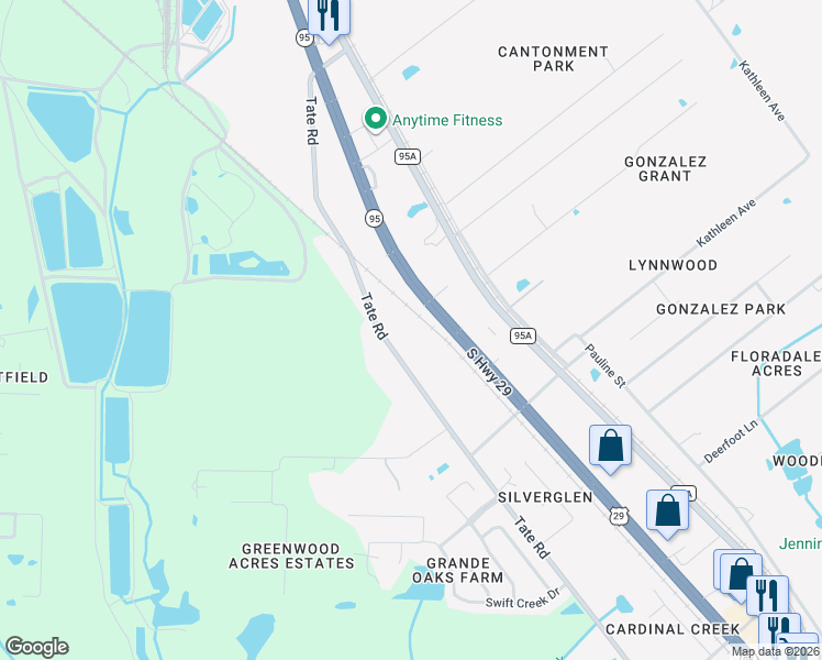 map of restaurants, bars, coffee shops, grocery stores, and more near 976 Tate Road in Cantonment