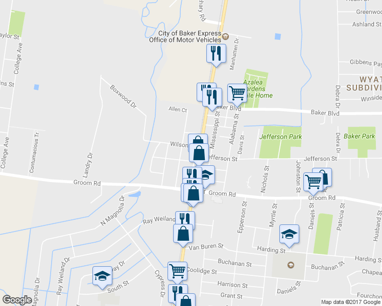 map of restaurants, bars, coffee shops, grocery stores, and more near 1515 Camelia Avenue in Baker