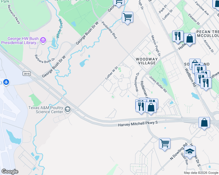map of restaurants, bars, coffee shops, grocery stores, and more near 801 Luther St W in College Station