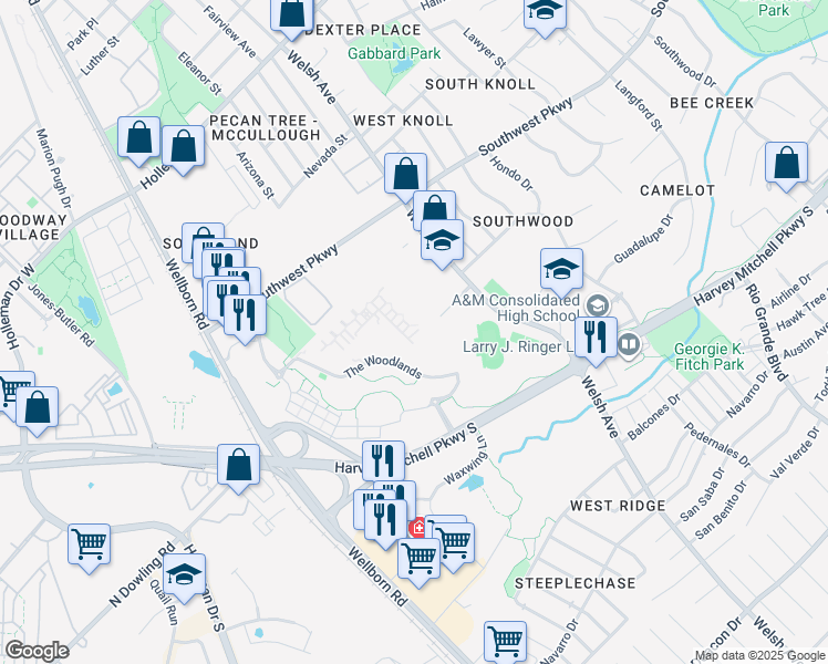 map of restaurants, bars, coffee shops, grocery stores, and more near 1725 Harvey Mitchell Parkway South in College Station