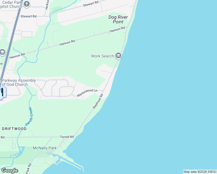 map of restaurants, bars, coffee shops, grocery stores, and more near 3949 Bayfront Road in Mobile