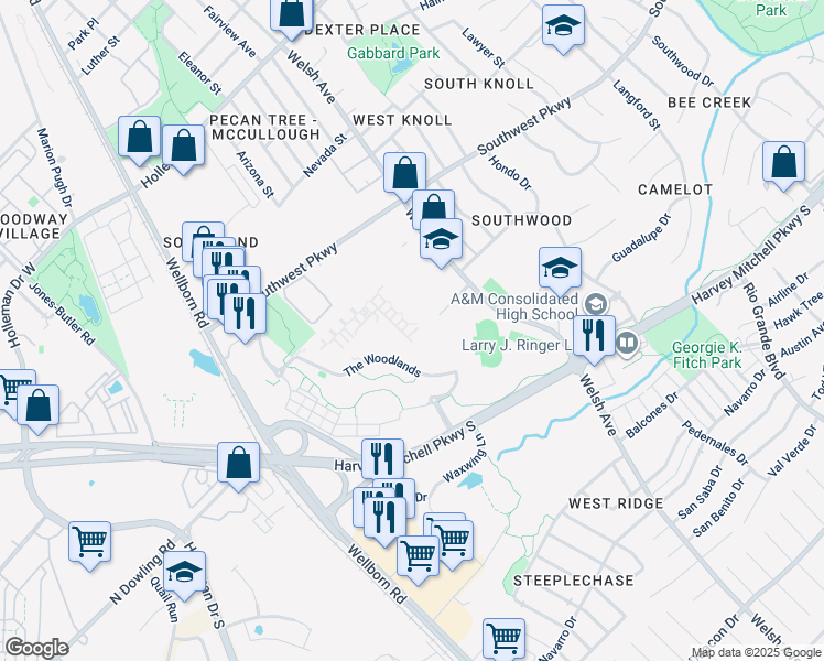 map of restaurants, bars, coffee shops, grocery stores, and more near 1725 Harvey Mitchell Parkway South in College Station