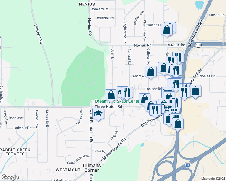 map of restaurants, bars, coffee shops, grocery stores, and more near 1381 Bush Lane in Mobile