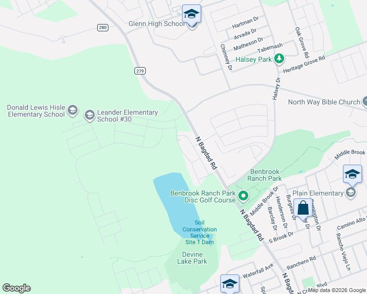 map of restaurants, bars, coffee shops, grocery stores, and more near 5598 County Road 279 in Leander