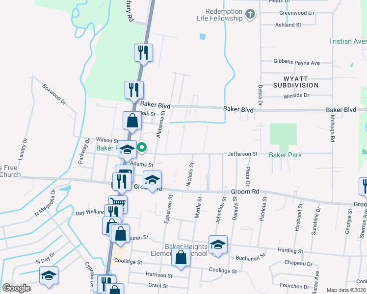 map of restaurants, bars, coffee shops, grocery stores, and more near 1560 Robinson Street in Baker