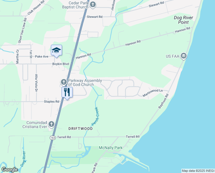 map of restaurants, bars, coffee shops, grocery stores, and more near 1350 Creekway Drive in Mobile