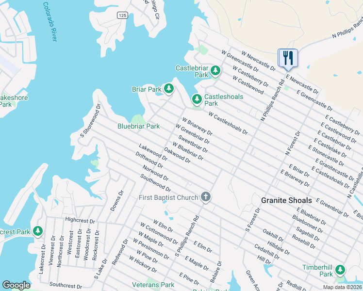 map of restaurants, bars, coffee shops, grocery stores, and more near 166 West Bluebriar Drive in Granite Shoals