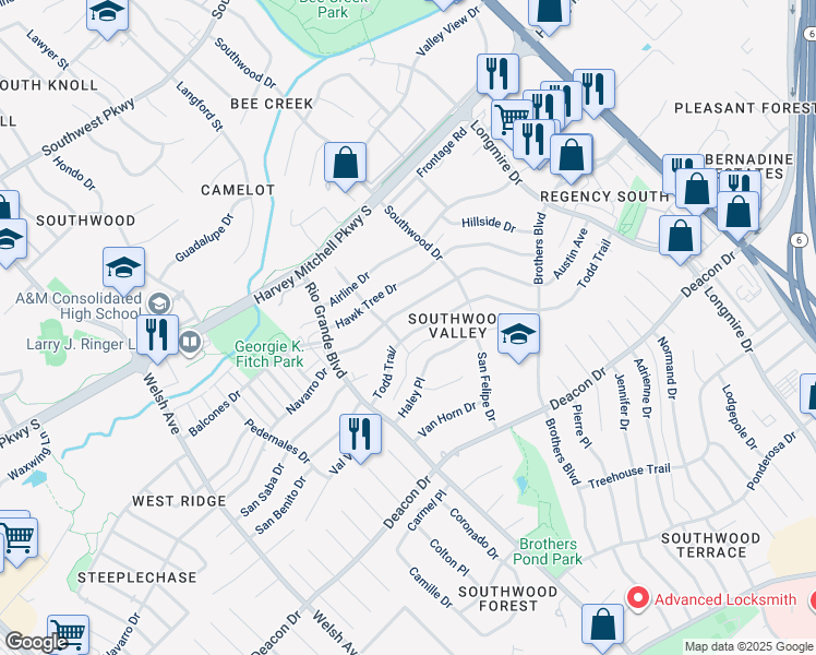 map of restaurants, bars, coffee shops, grocery stores, and more near 1203 Todd Trail in College Station