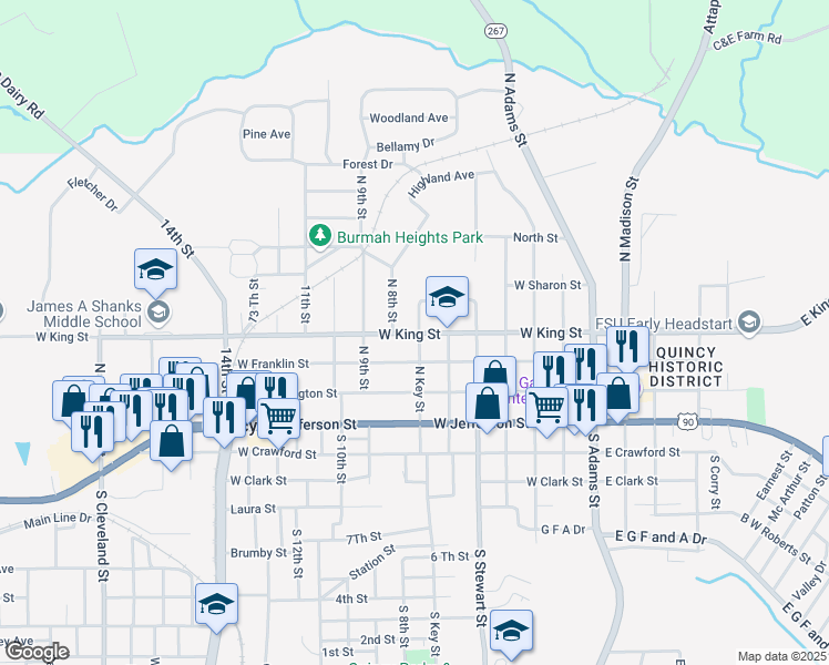 map of restaurants, bars, coffee shops, grocery stores, and more near 500 West King Street in Quincy