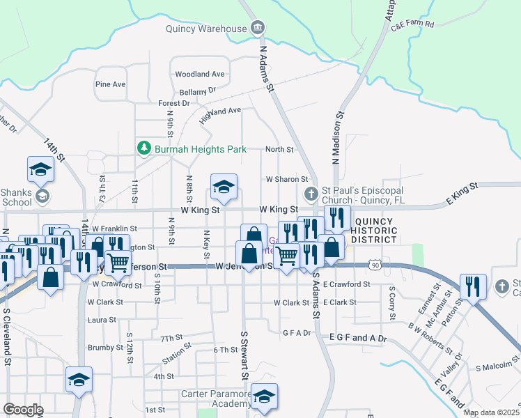map of restaurants, bars, coffee shops, grocery stores, and more near 300 North Calhoun Street in Quincy