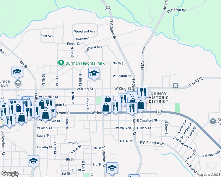 map of restaurants, bars, coffee shops, grocery stores, and more near 300 North Calhoun Street in Quincy