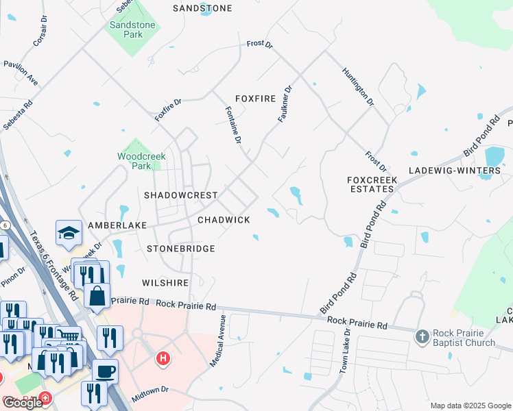 map of restaurants, bars, coffee shops, grocery stores, and more near 9319 Whitney Lane in College Station