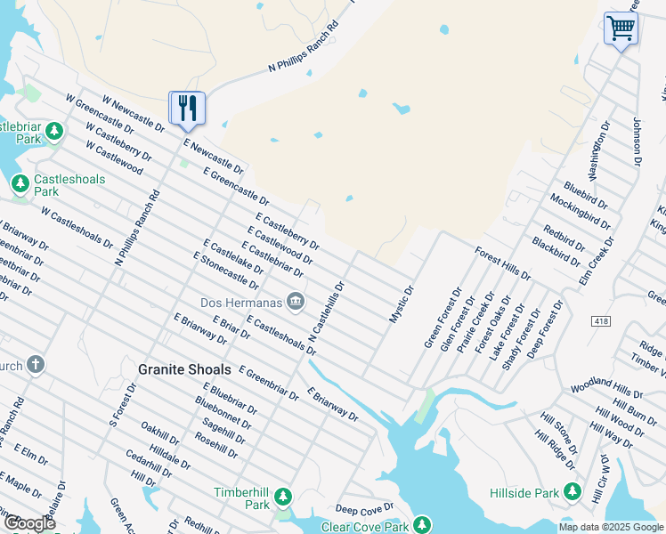 map of restaurants, bars, coffee shops, grocery stores, and more near 333 East Castlewood Drive in Marble Falls