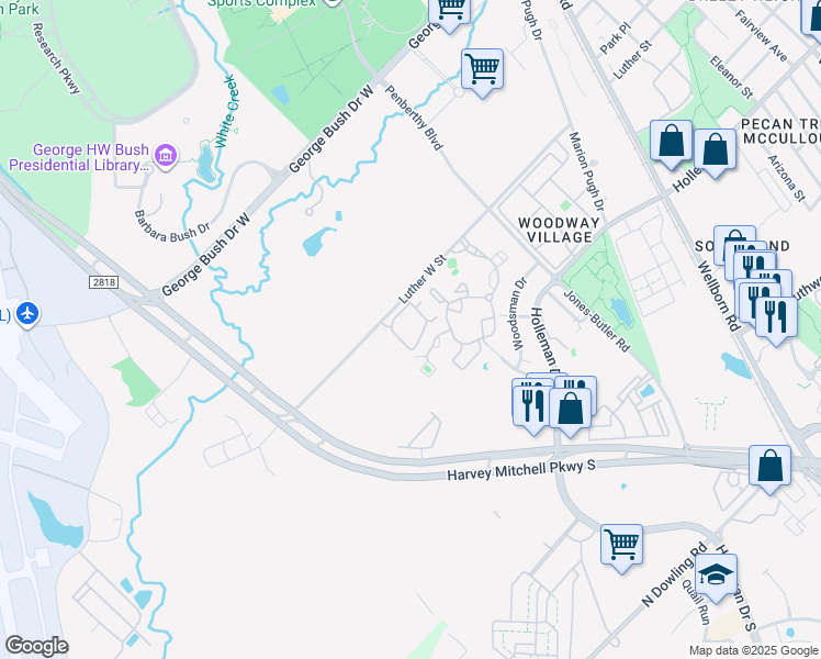map of restaurants, bars, coffee shops, grocery stores, and more near 801 Luther St W in College Station