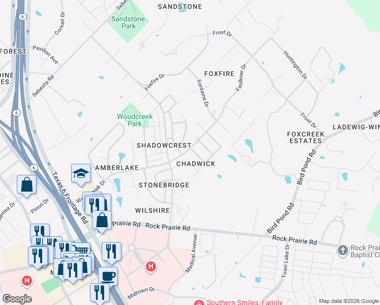map of restaurants, bars, coffee shops, grocery stores, and more near 9300 Chadwick Lane in College Station