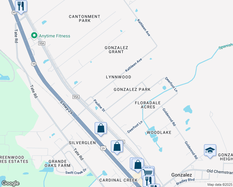 map of restaurants, bars, coffee shops, grocery stores, and more near 954 Gonzalez Park Drive in Cantonment