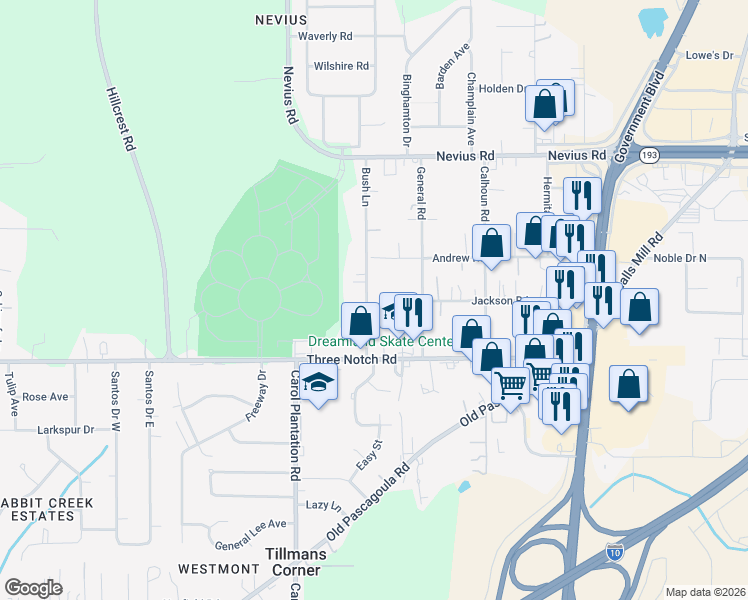 map of restaurants, bars, coffee shops, grocery stores, and more near 1211-1381 Bush Lane in Mobile