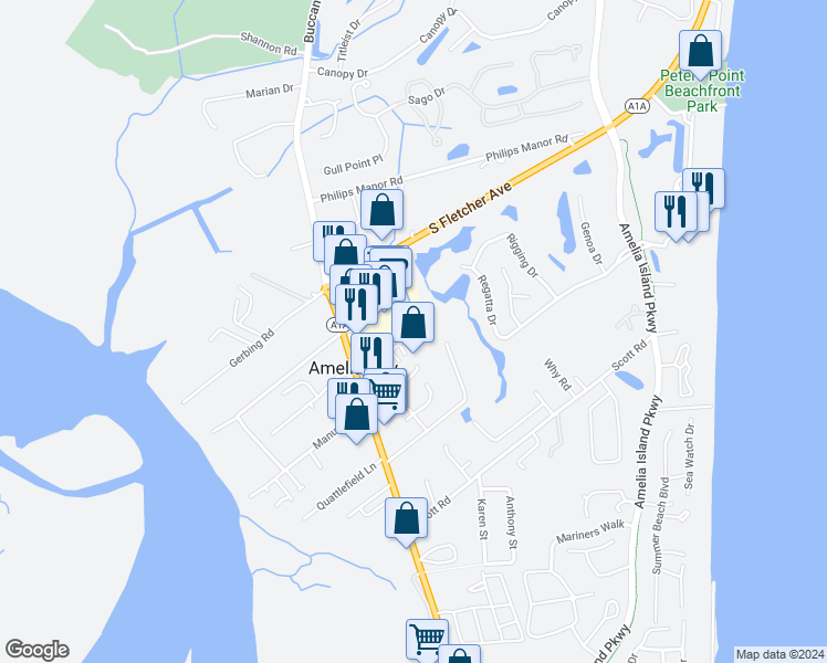 map of restaurants, bars, coffee shops, grocery stores, and more near 4761 Martinique Court in Fernandina Beach