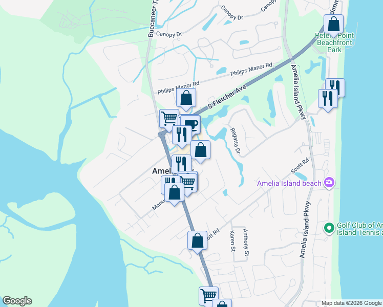 map of restaurants, bars, coffee shops, grocery stores, and more near 4751 Westwind Court in Fernandina Beach