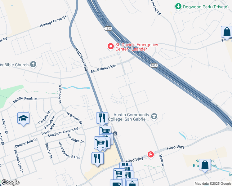 map of restaurants, bars, coffee shops, grocery stores, and more near 4829 U.S. 183 in Leander
