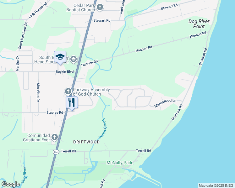 map of restaurants, bars, coffee shops, grocery stores, and more near 1350 Creekway Drive in Mobile